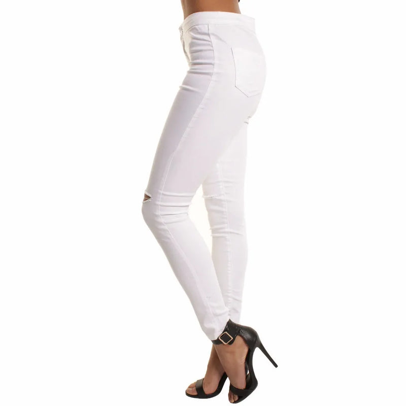 Autumn White Hole Skinny Ripped Jeans Women Jeggings Cool Denim High Waist Pants Capris Female Skinny Black Casual Jeans