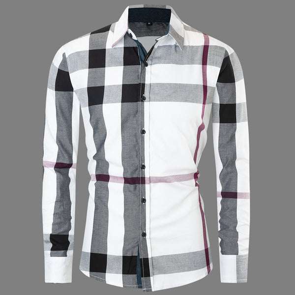 Men's Cotton Long Sleeve Color Matching Plaid Shirt