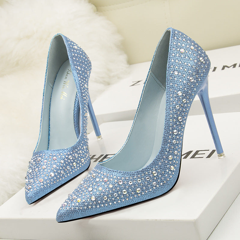 305-1 Korean Fashion Sweet And Elegant Thin Heel High Heel Shallow Mouth Thin Pointed Colored Diamond Rhinestone Wedding Shoes