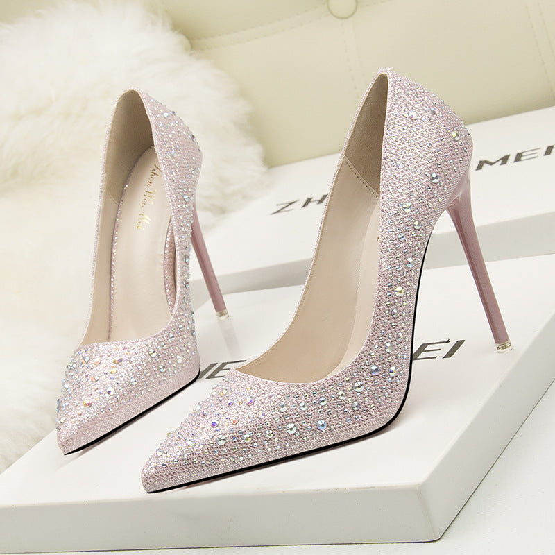 305-1 Korean Fashion Sweet And Elegant Thin Heel High Heel Shallow Mouth Thin Pointed Colored Diamond Rhinestone Wedding Shoes