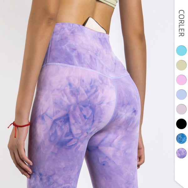 Tie Dye Yoga Suit Without T-Line Exercise Fitness Pants For Women Tight Peach Hip Pants High Waist Nude Yoga Pants