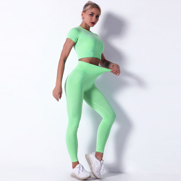 7 Colors Women Seamless Yoga Set Short Sleeve Crop Top High Waist Sport Leggings Active Wear Gym Suit Workout Clothes For Women