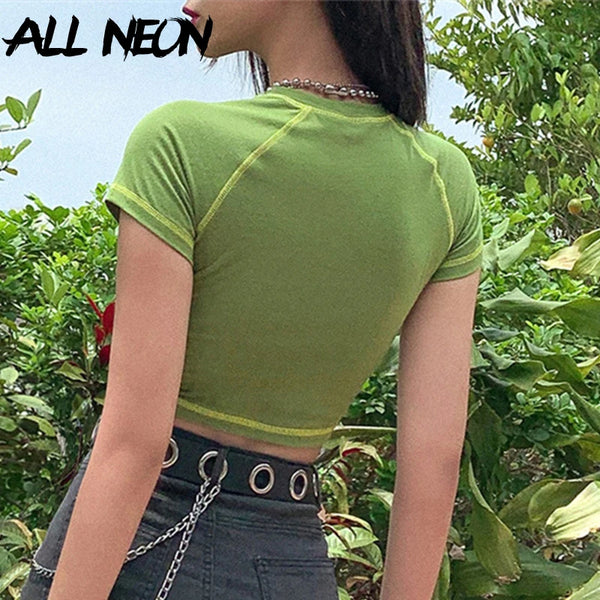 ALLNeon E-girl Butterfly Graphic and Letter Printing Stitch Green Crop Tops Y2K Summer Grunge Style O-neck Short Sleeve T-shirts