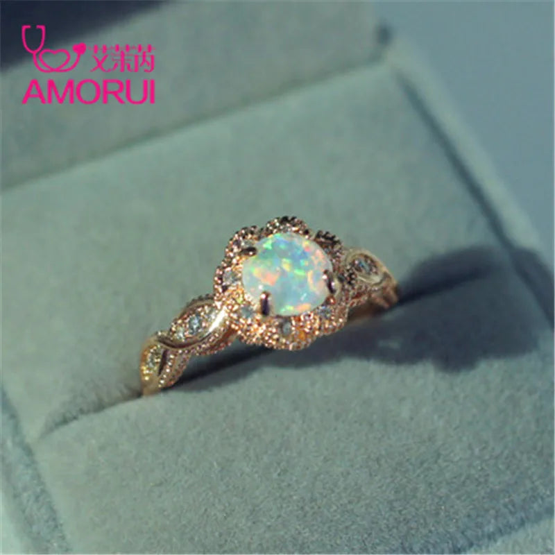 AMORUI Vintage Australian Crystal Flower Ring Female Anniversary Gift Jewelry Fashion Golden Opal Engagement / Wedding Rings