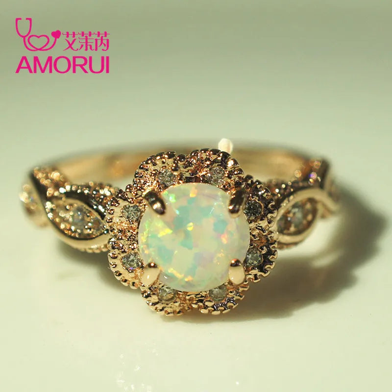 AMORUI Vintage Australian Crystal Flower Ring Female Anniversary Gift Jewelry Fashion Golden Opal Engagement / Wedding Rings