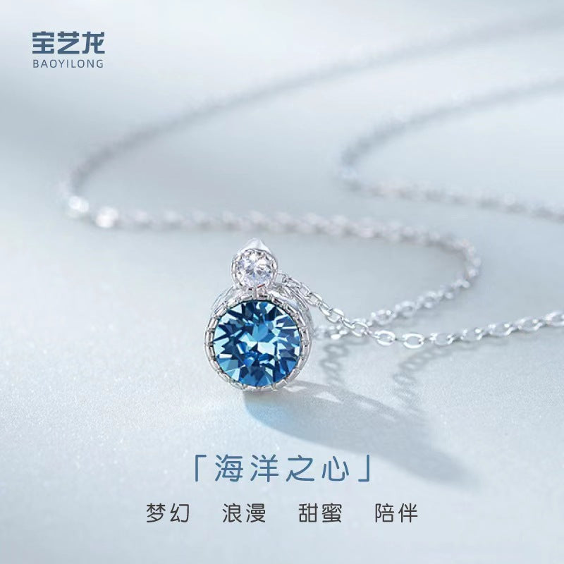 Baoyilong Explosive Model Original Light Luxury Ocean Heart S925 Sterling Silver Necklace Women&amp;amp;amp;amp;amp;amp;amp;amp;amp;#039;s Clavicle Chain Austrian Crystal Jewelry
