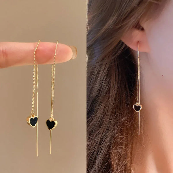 Black Heart Ear Line Long Hanging Earrings for Women Gold Color Ear Wire Piercing Earring Accessories Jewelry Wholesale